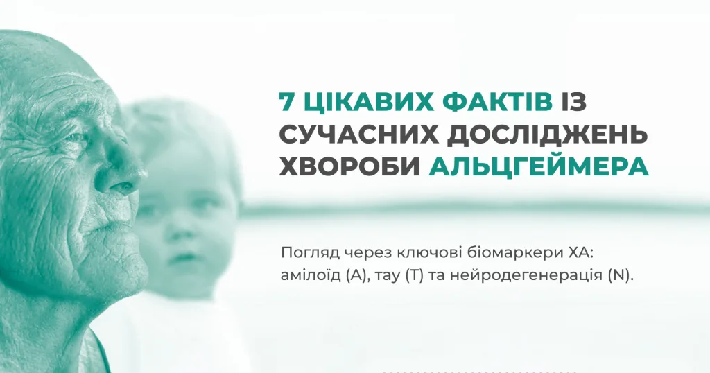 Портрет літнього чоловіка поруч із текстом про 7 фактів досліджень хвороби Альцгеймера та біомаркери